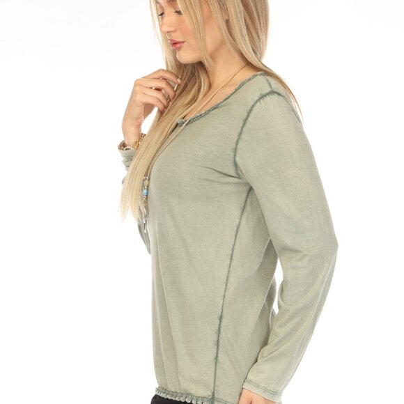 Olive 100% Cotton Fringe Neck Top - Picture 3 of 5